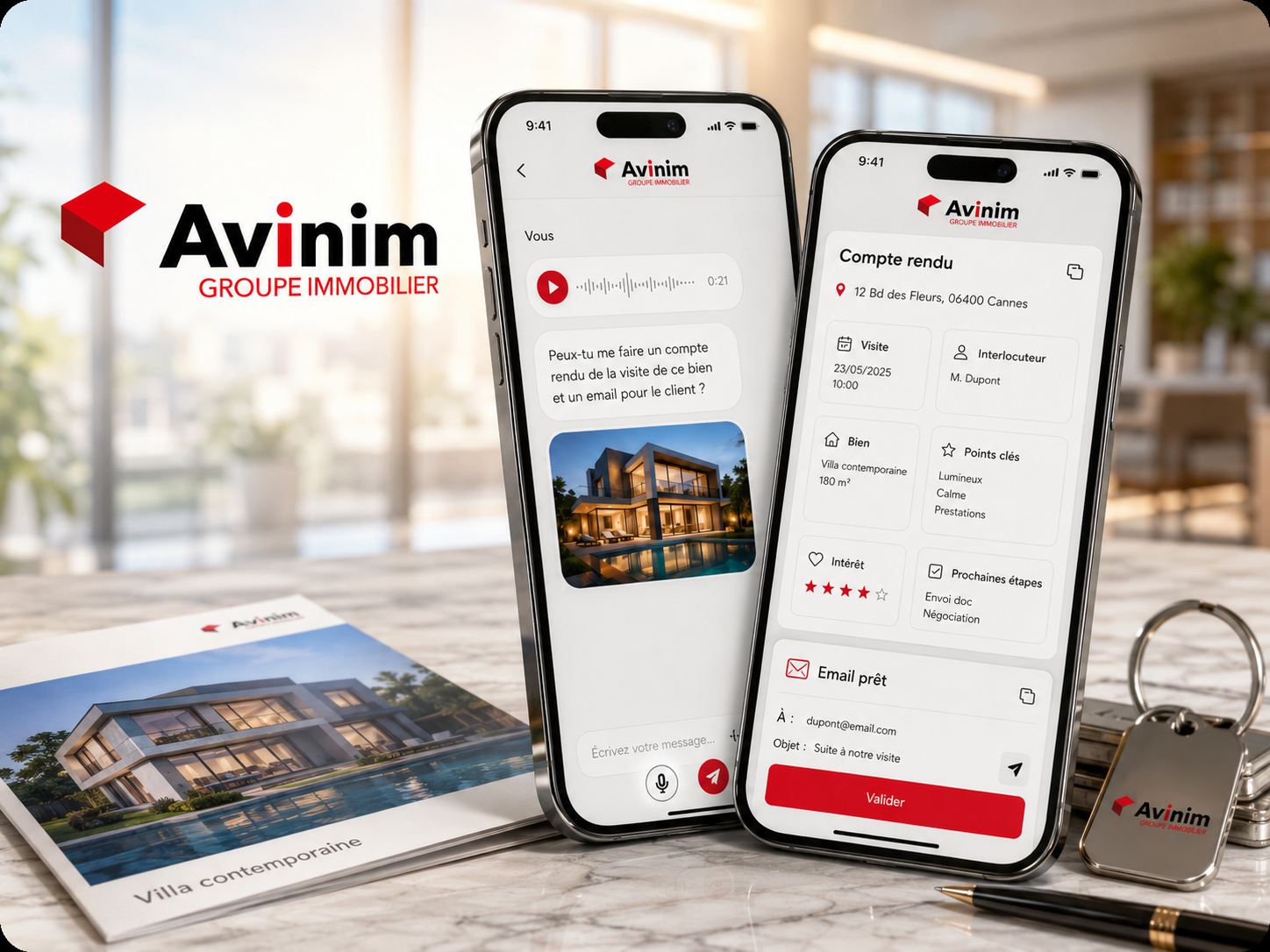 Agents IA transformant les visites dictées des courtiers en fiches et e-mails de suivi